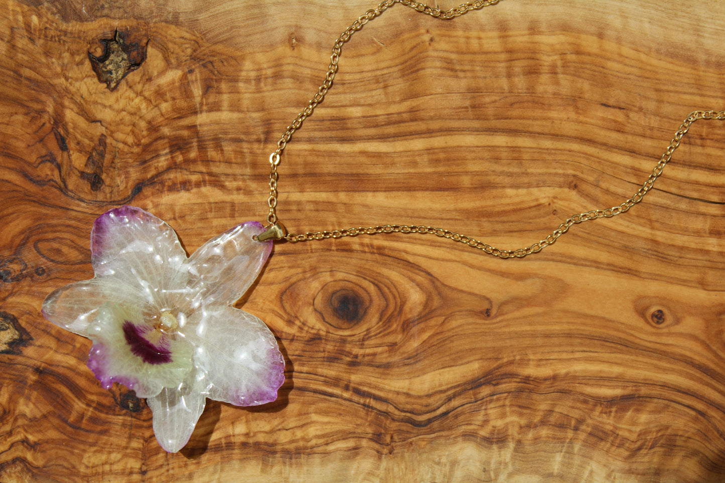 White-Purple Dendrobium Necklace - Gold Filled